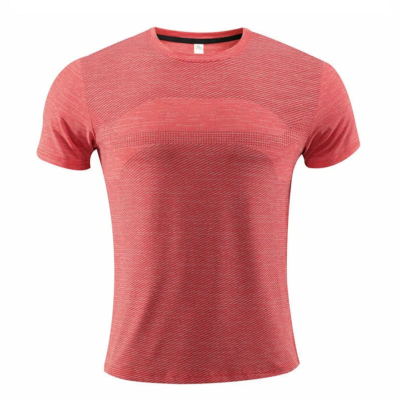 Short sleeved red running t-shirt for sports, made from polyester spandex fabric.