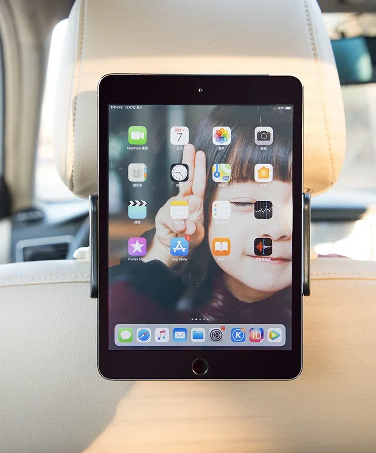 Black universal car phone and tablet holder with adjustable arm mounted on a rear seat base.