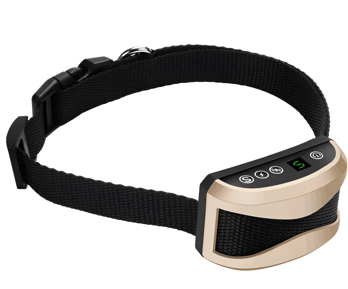 Digital anti-bark dog training collar with LCD display showing correction levels on adjustable reflective strap
