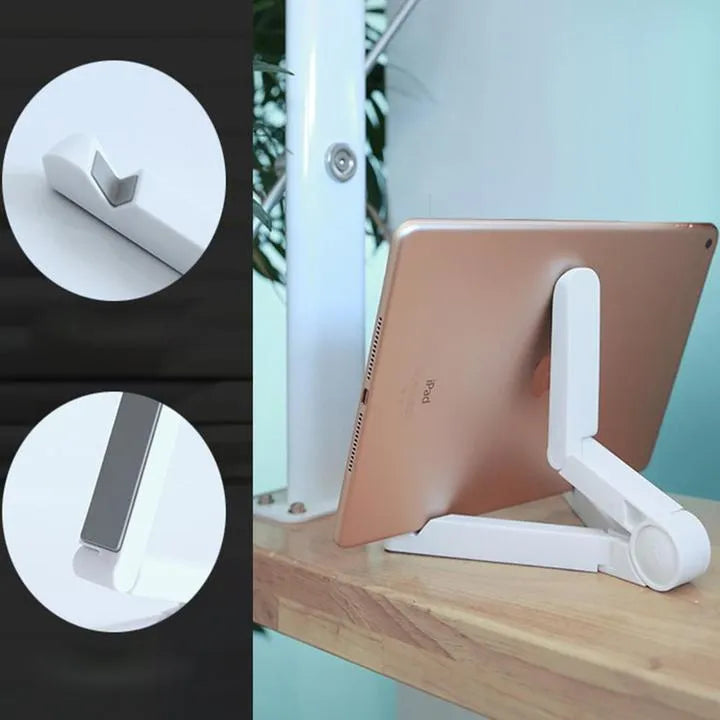 Foldable tablet holder in black showing adjustable angle stand for phone or tablet