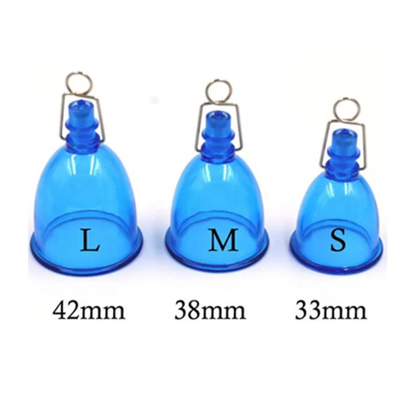 Blue silicone men's stretch exerciser cup shown in Small, Medium, and Large sizes.