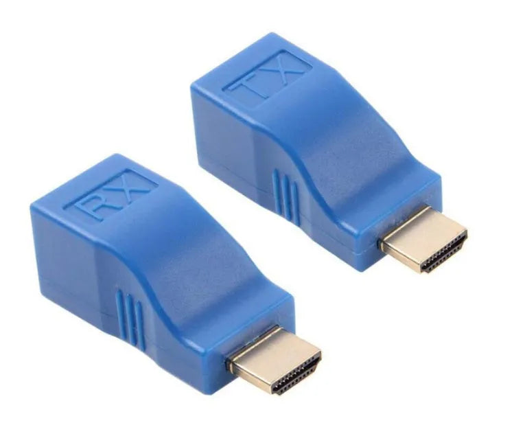 HDMI extender transmitter and receiver pair for signal transmission over Cat-5e/6 network cable.