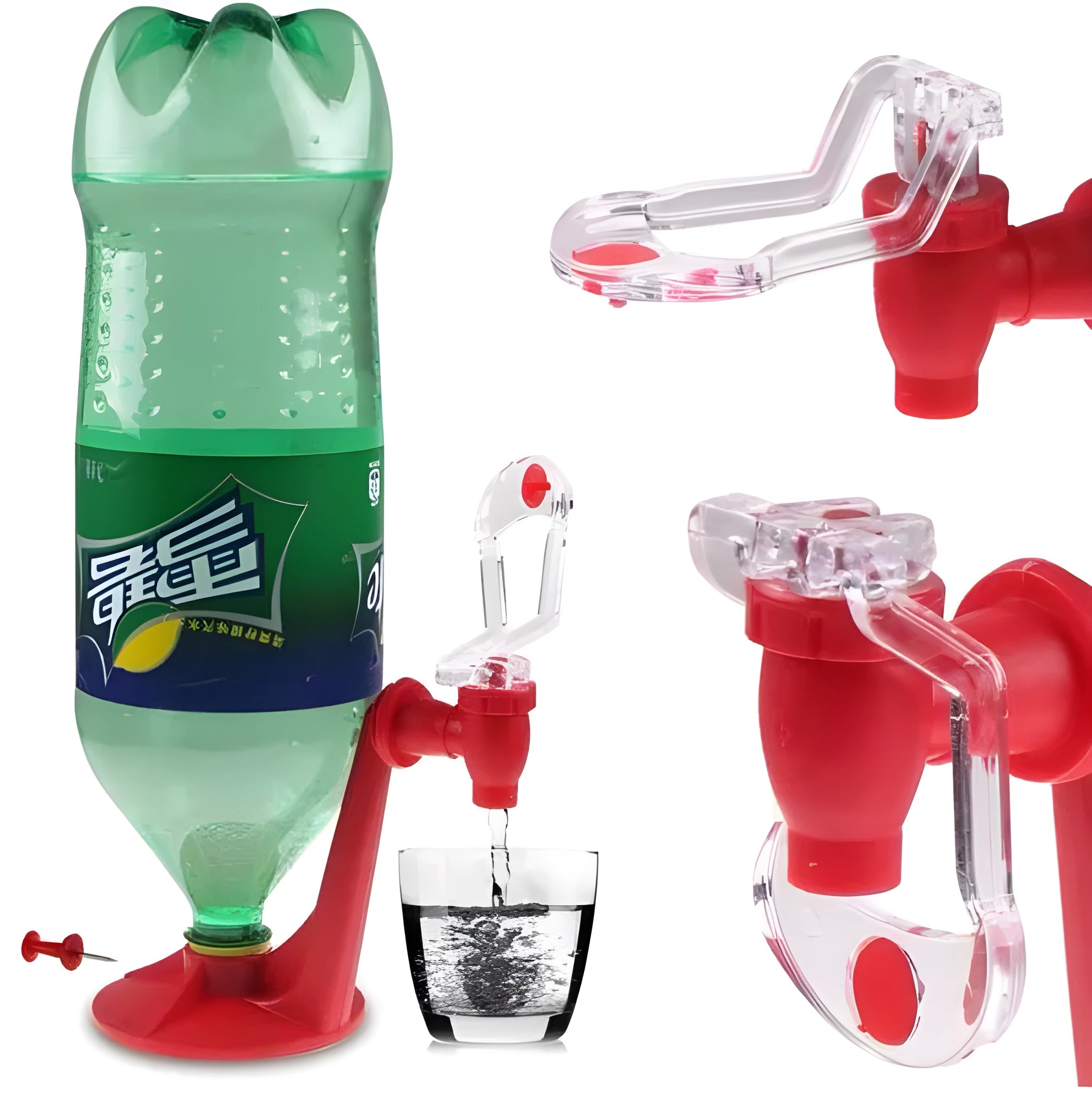 Red Magic Tap soda bottle dispenser with push button, 15cm tall