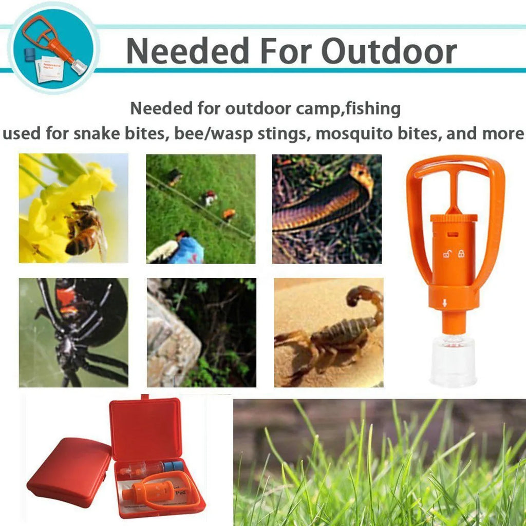 Orange ABS venom suction device with two suction cup sizes, vacuum pump, tourniquet and antiseptic swabs for field first aid