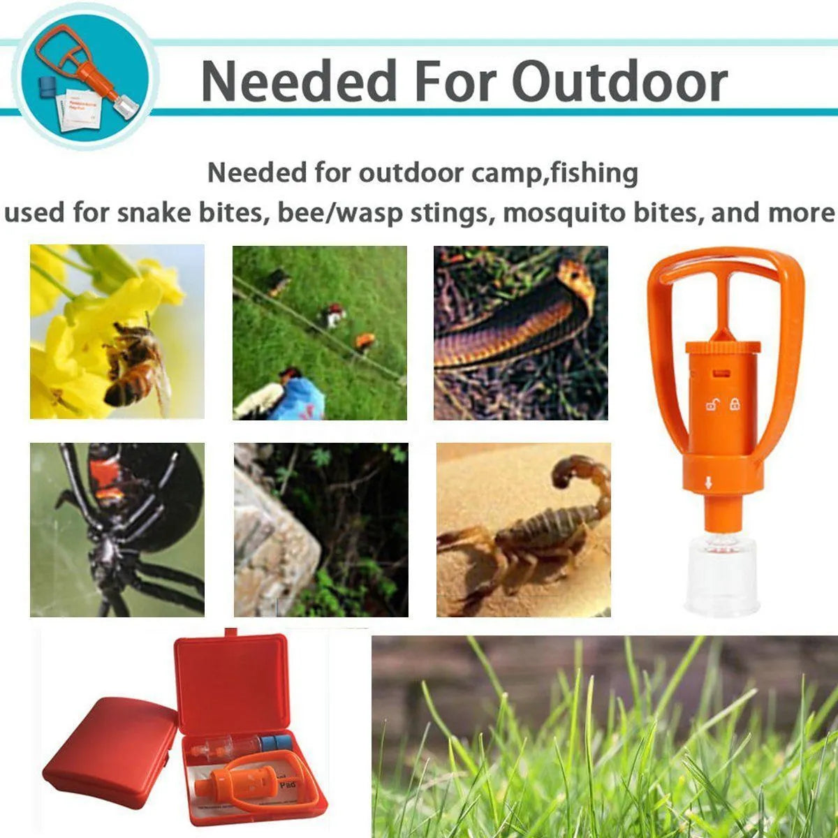 Orange ABS venom suction device with two suction cup sizes, vacuum pump, tourniquet and antiseptic swabs for field first aid