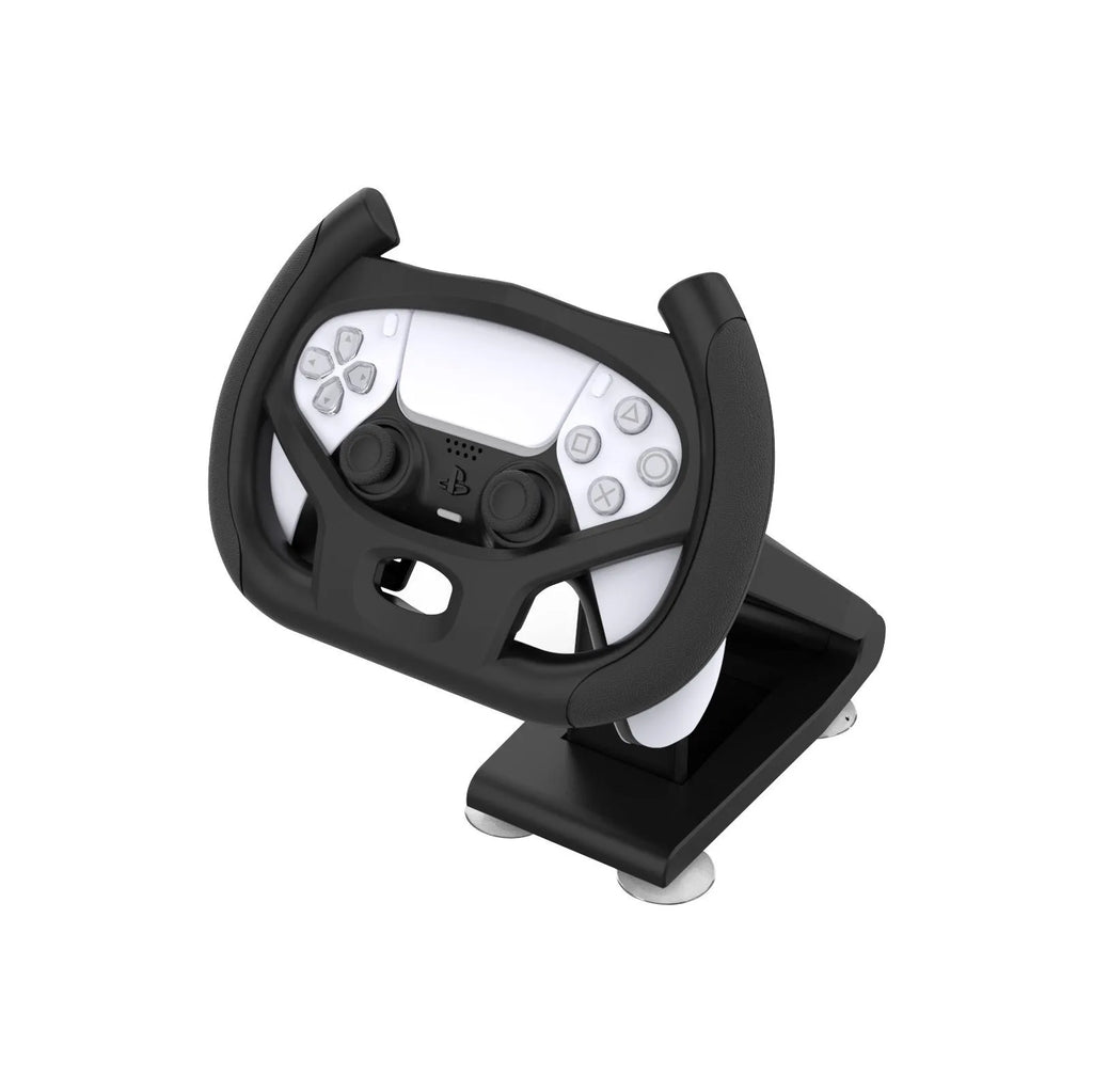 Black ABS plastic gamepad steering wheel bracket with suction cup mount holding a mobile phone.