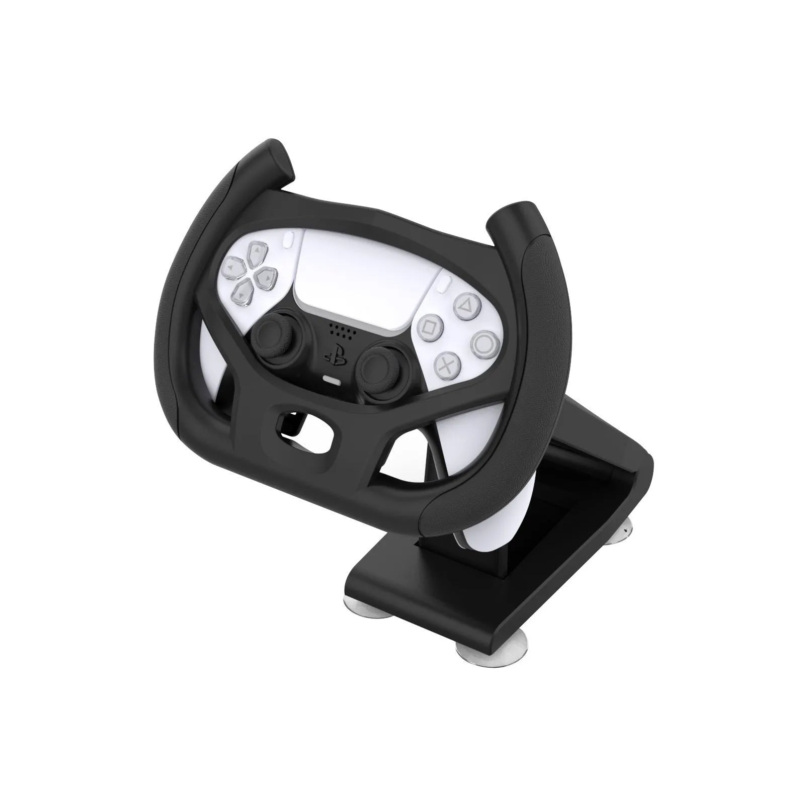 Black ABS plastic gamepad steering wheel bracket with suction cup mount holding a mobile phone.