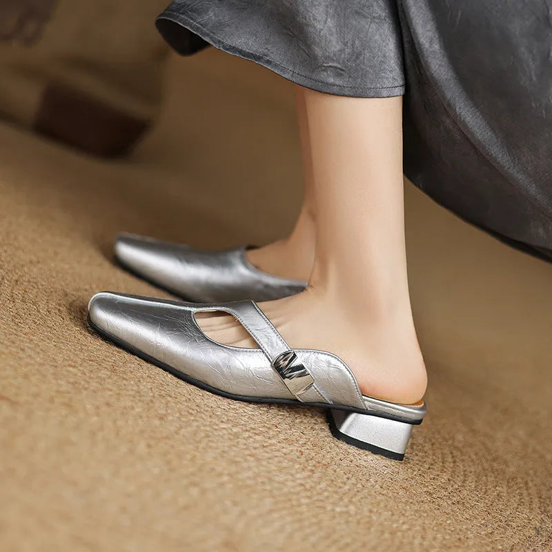 British style square toe leisure slippers in black, beige, and silver colours with low heel design