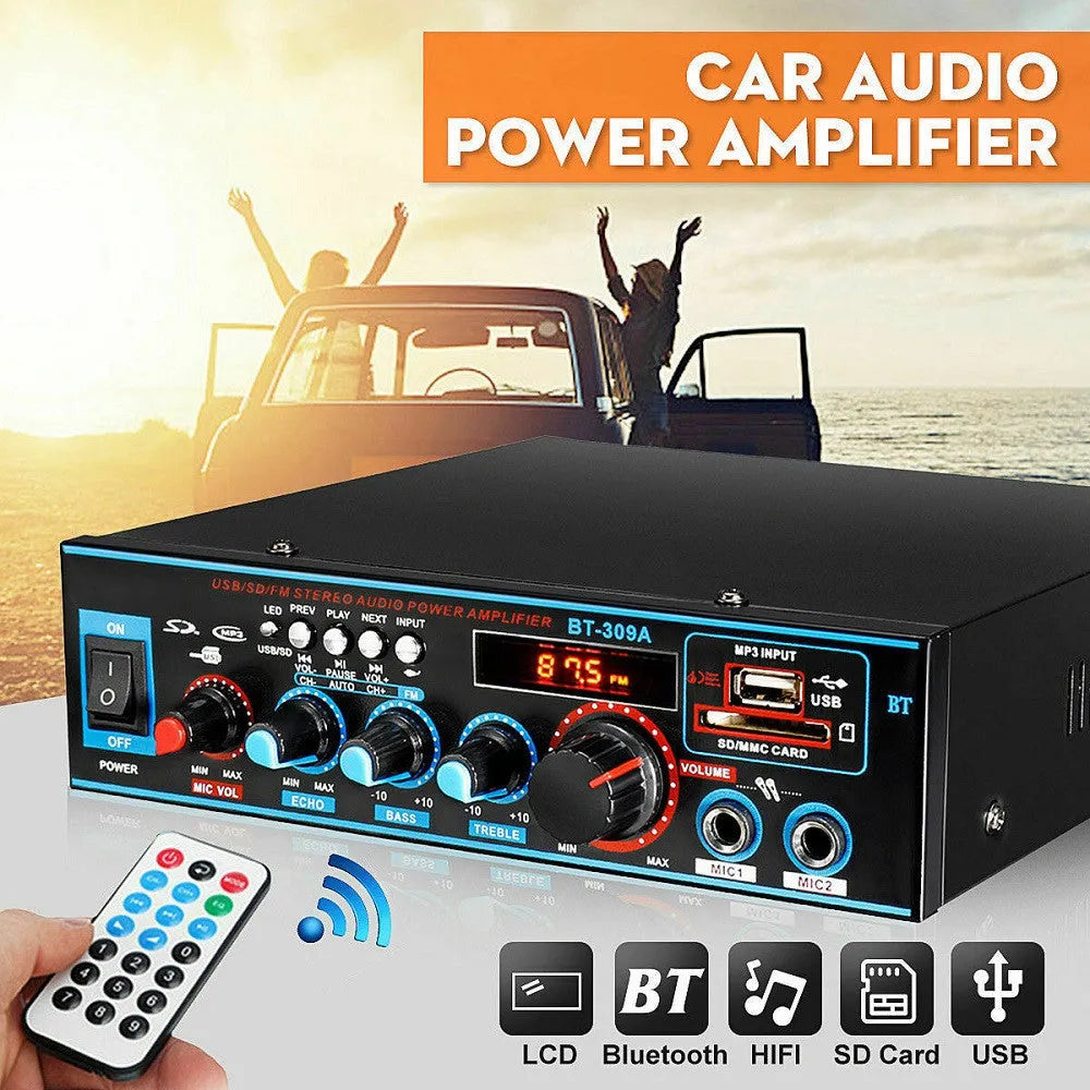 Black BT-309A-A dual-voltage stereo power amplifier with remote control for home and car audio.