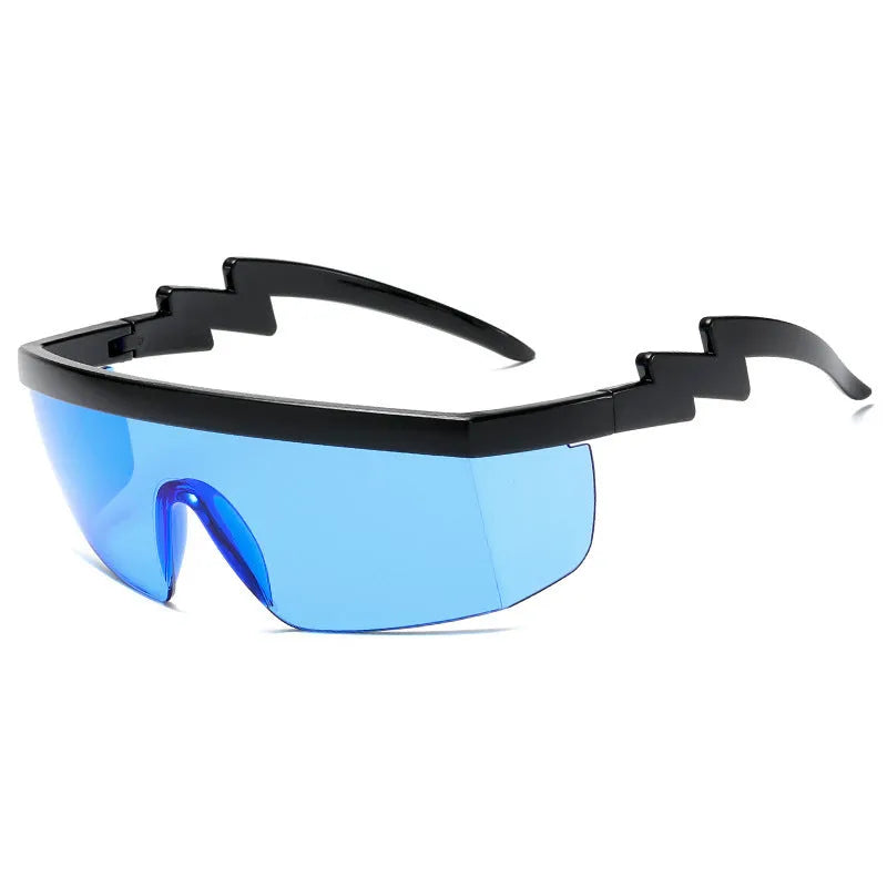 One-piece sports sunglasses with lightning leg design in black frame with blue PC lenses