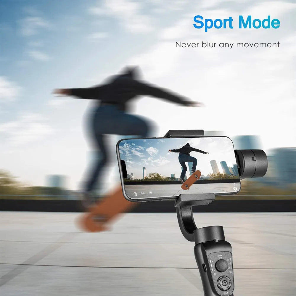 Black three-axis handheld gimbal stabiliser for mobile phones with hard case, soft case, and tripod.