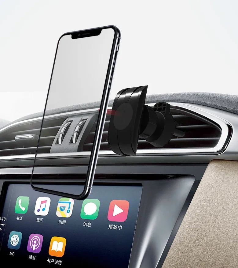 Black car phone holder mounted on car air vent with adjustable clamp and flexible positioning arm
