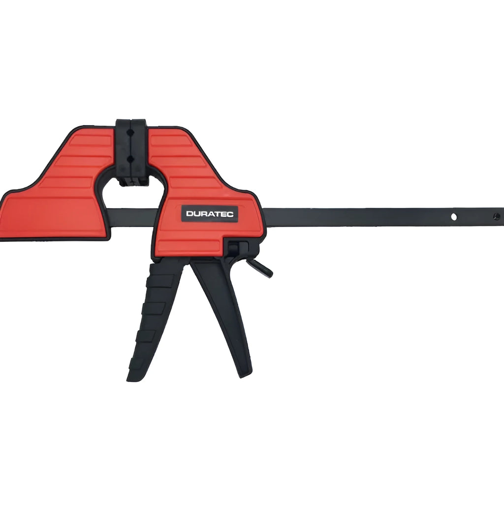 Black engineering plastic woodworking clamp with rubber grip and regression adjustment key