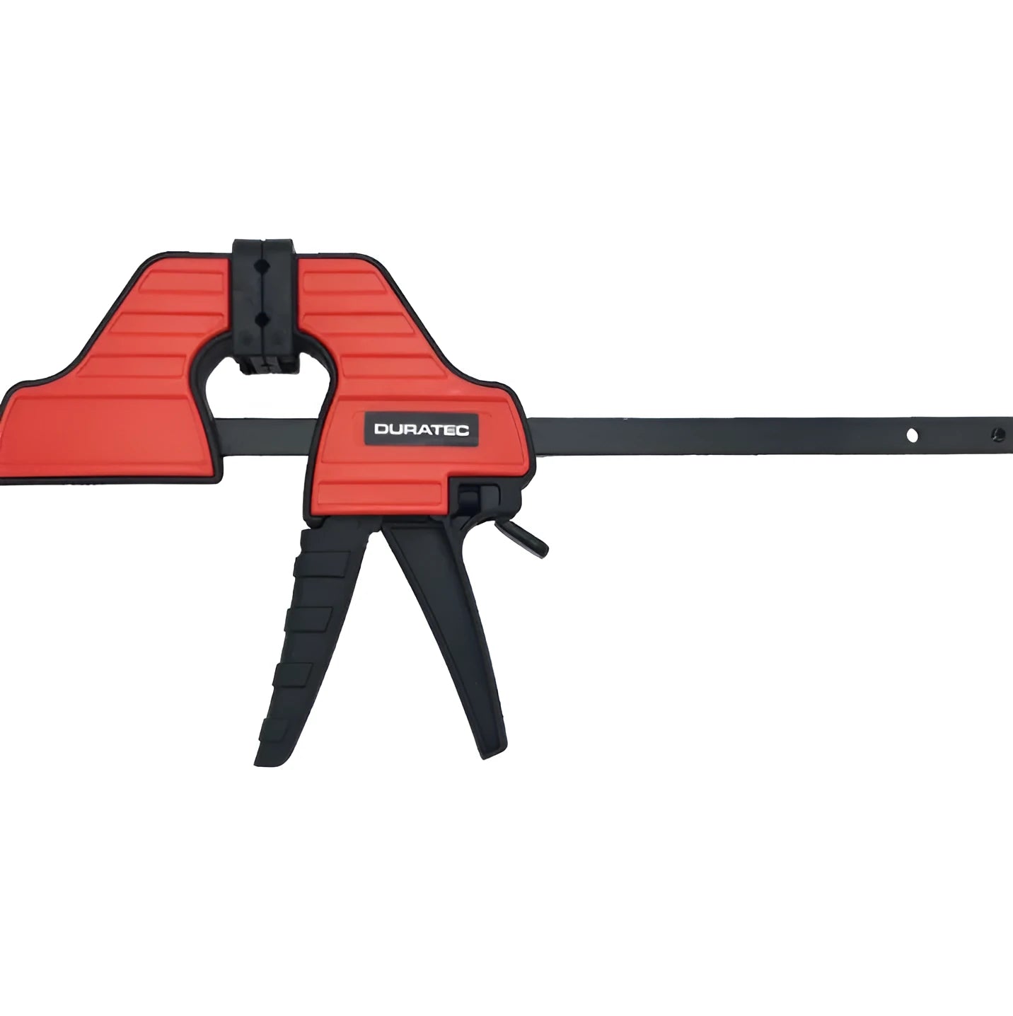 Black engineering plastic woodworking clamp with rubber grip and regression adjustment key