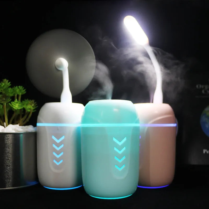 Blue columnar car humidifier with USB cable and 200ml water tank capacity