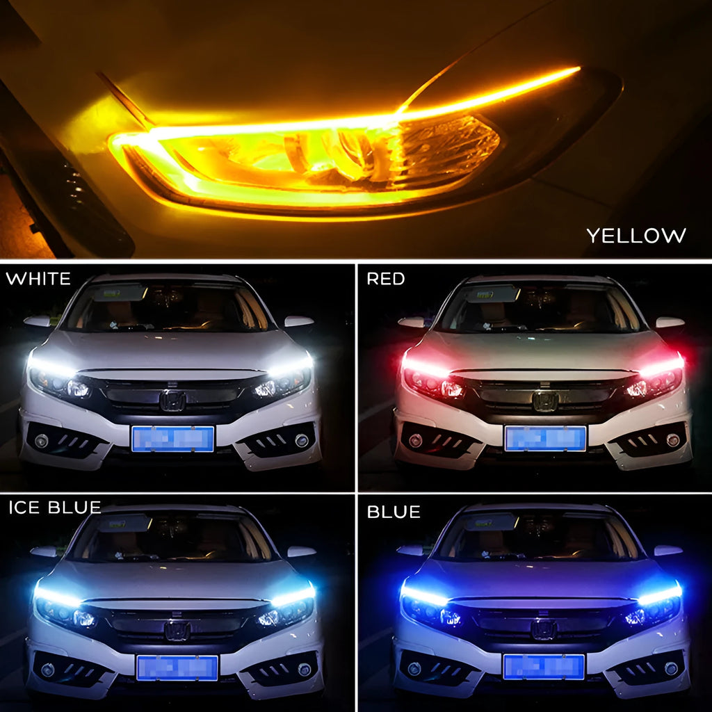 Slim silicone car LED strip for daytime running lights and flowing turn signals on a vehicle headlight.