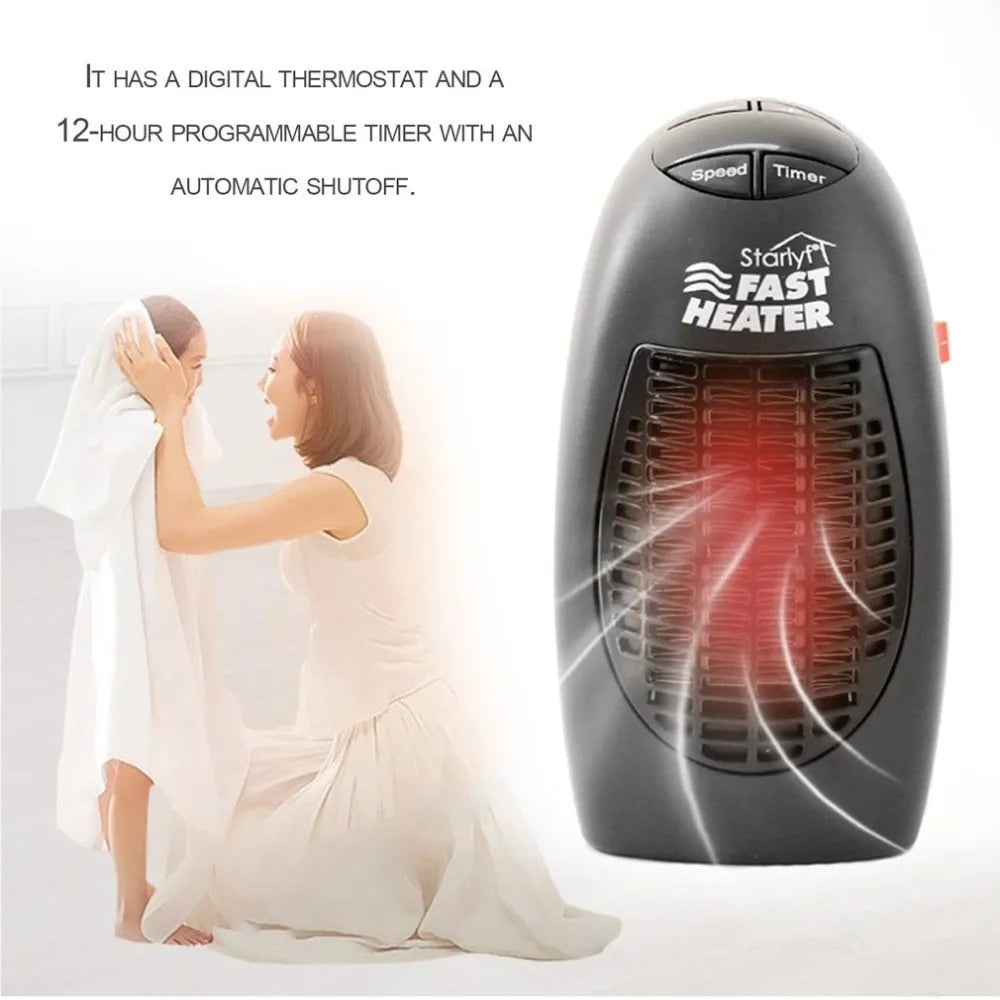 Black compact ceramic electric heater with digital display and rotating plug