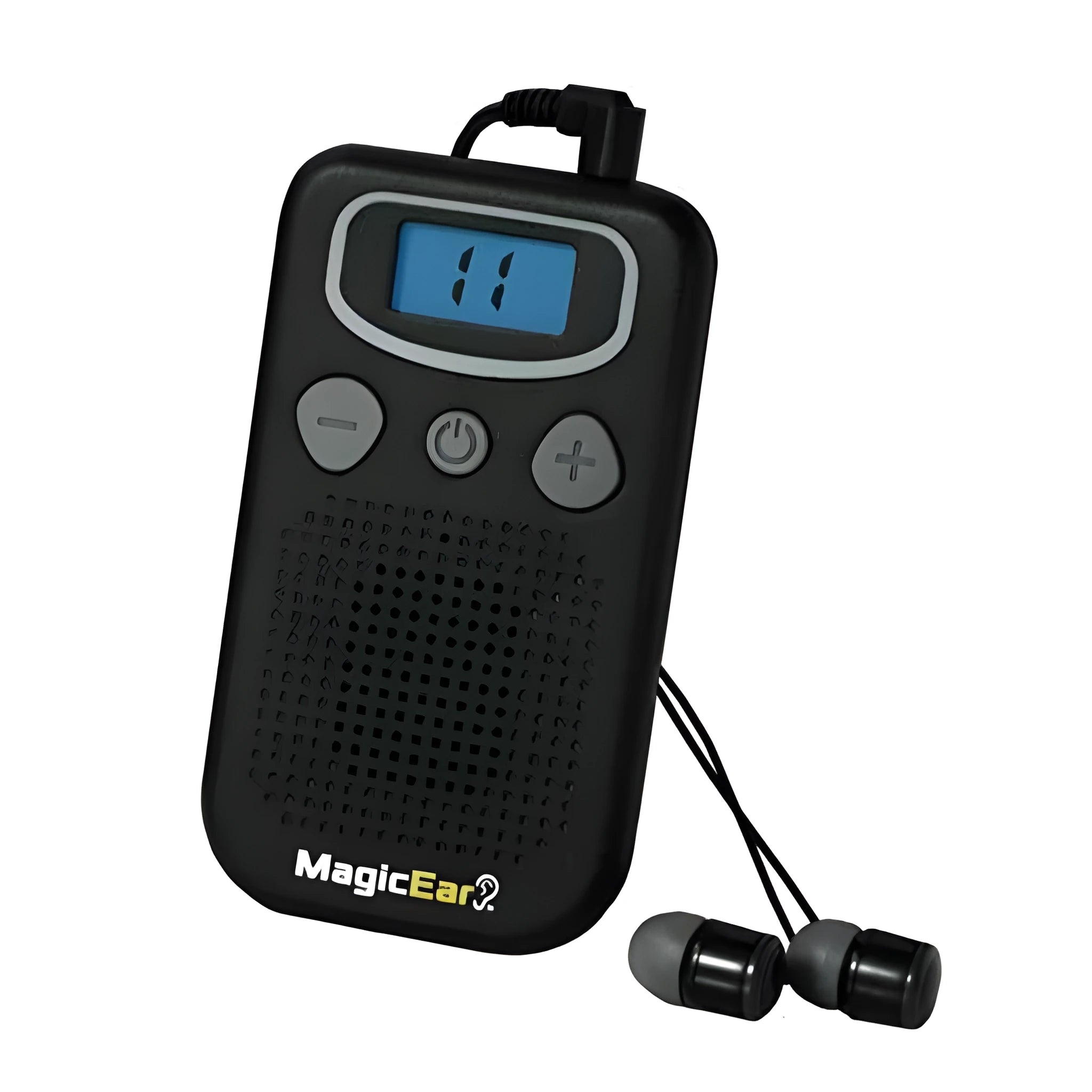 Personal voice enhancer digital hearing aid booster device in brilliant ABS plastic resembling handheld FM radio