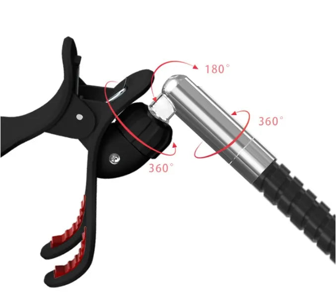 Black mobile phone bracket with universal folder attached to bed frame for hands-free viewing