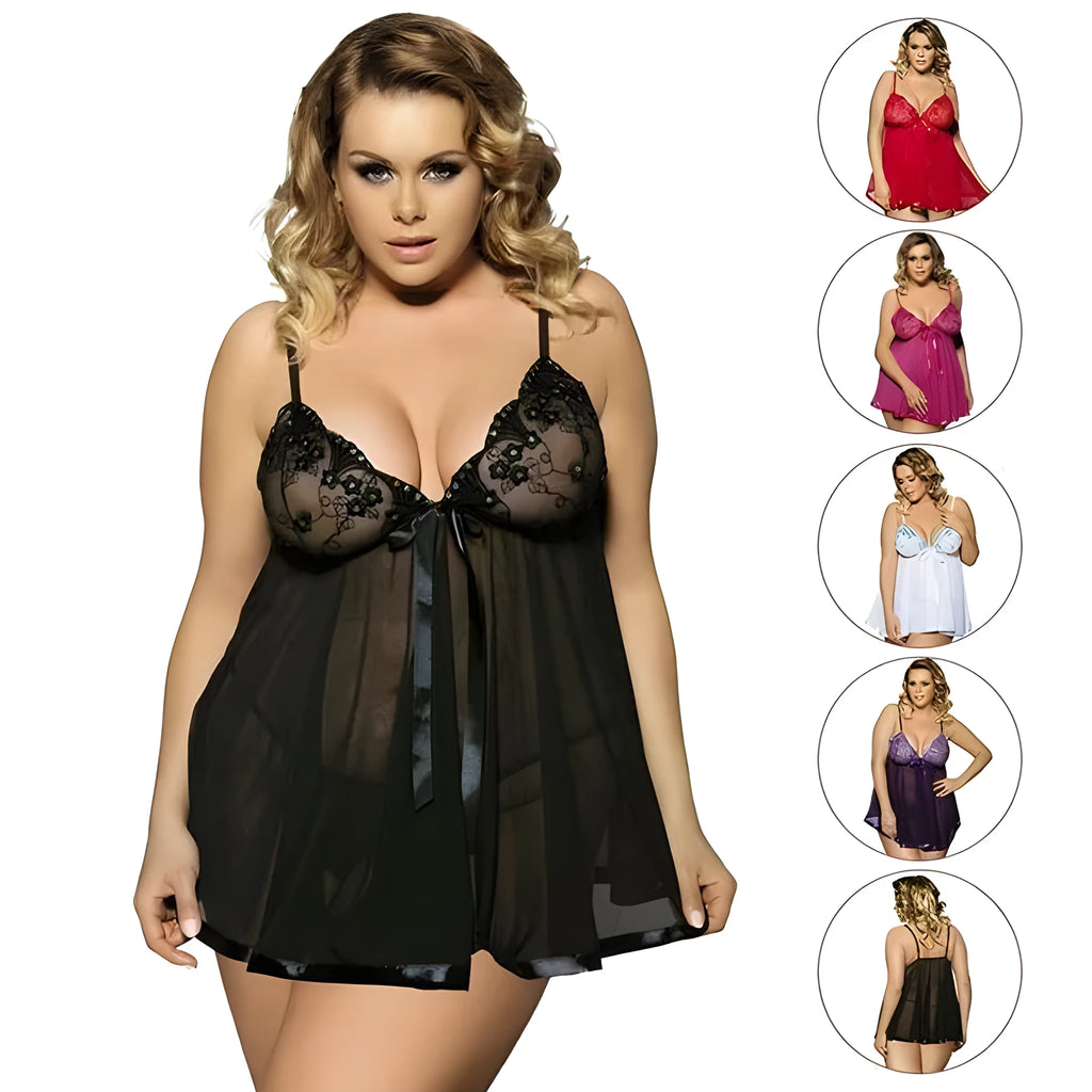 Women's purple polyester mesh sling dress lingerie with lace detailing in extended sizing