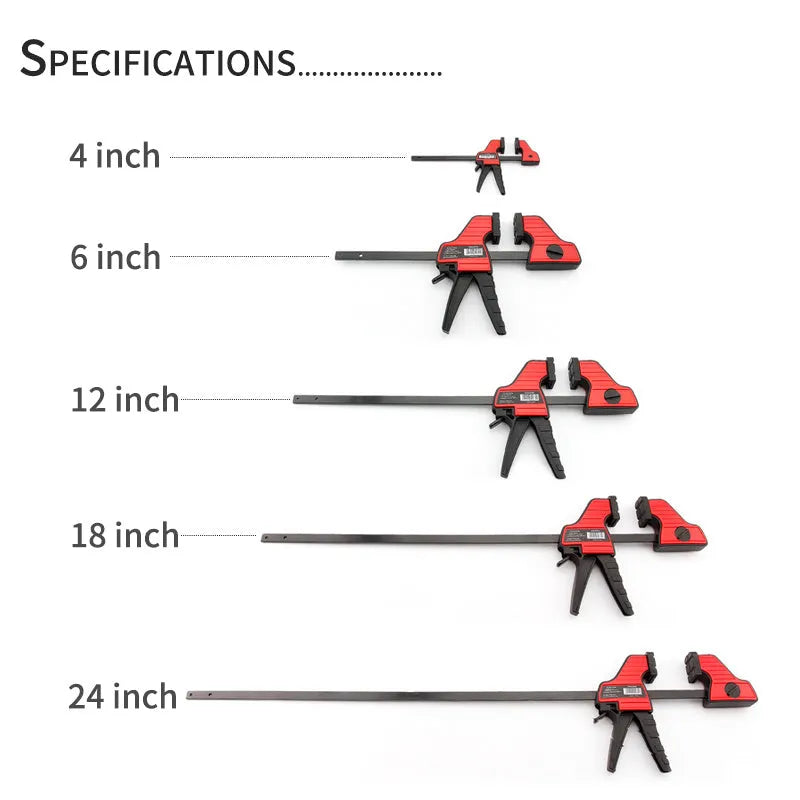 Black engineering plastic woodworking clamp with rubber grip and regression adjustment key
