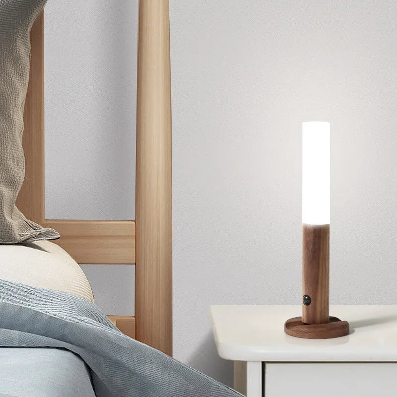 Smart sensor LED desk lamp with solid wood base and organic glass shade in coffee colour