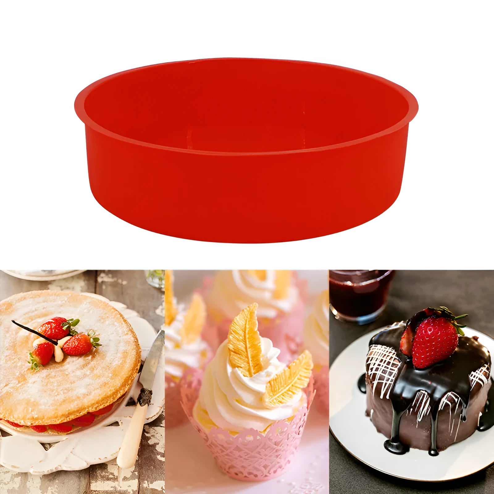 Red round silicone cake mold in 4 6 and 8 inch sizes for flexible non-stick baking