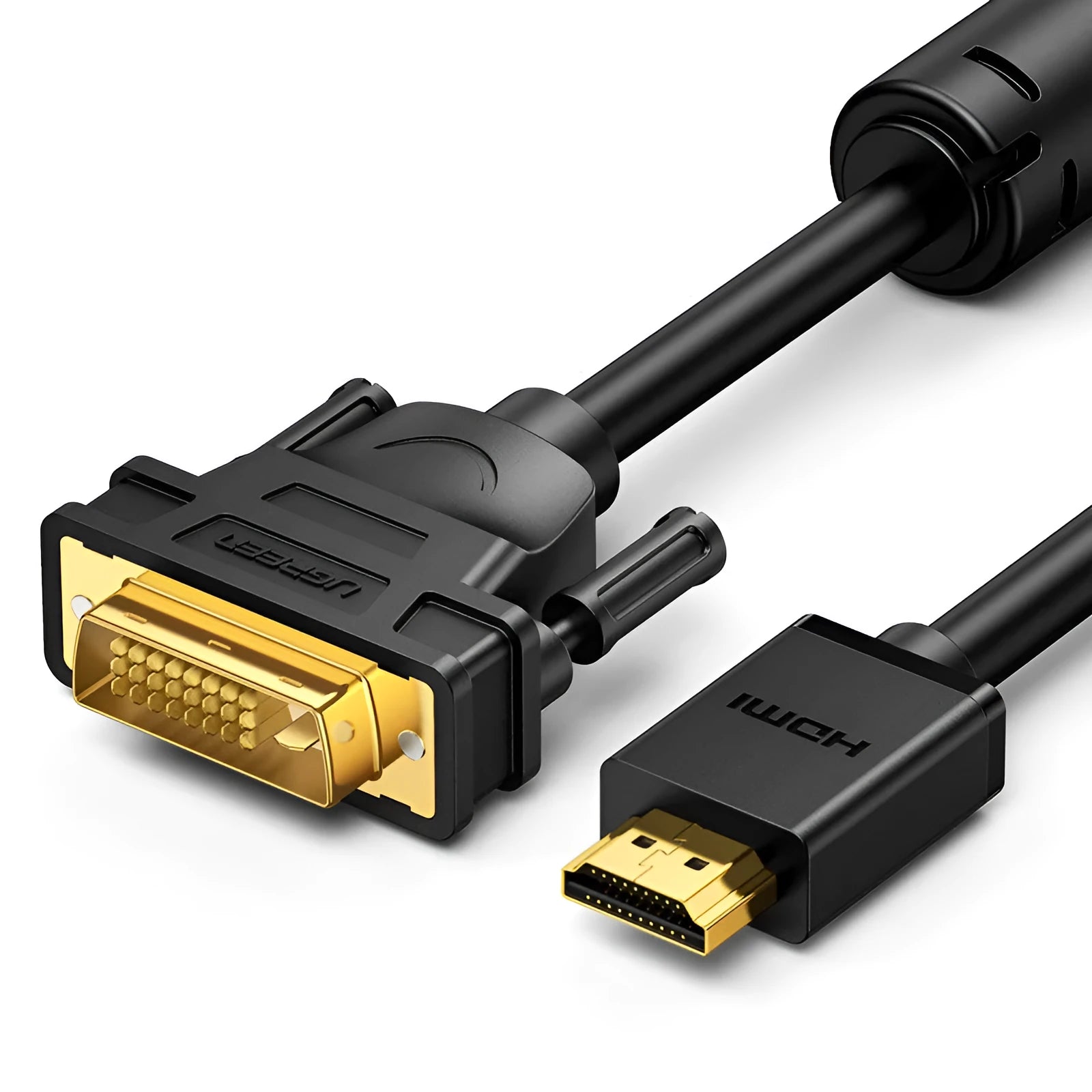 HDMI to HDMI adapter cable on a green background showing the connector with two-way rotation design.