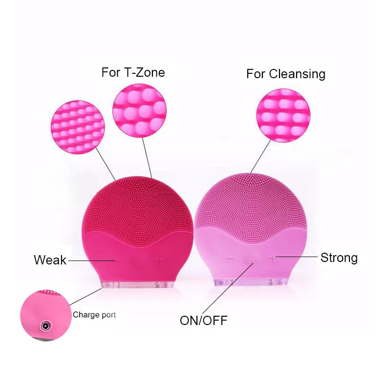 Electric waterproof silicone mini facial cleansing brush in pink with USB charging cable
