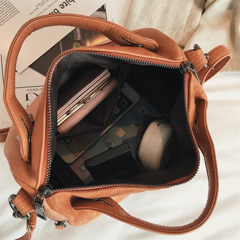 Soft PU women's casual tote shoulder bag with zip closure and shoulder straps
