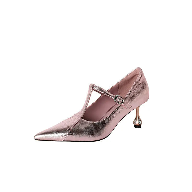 Genuine leather Mary Jane pumps with chunky heel in gun colour and pink sizes 34-40
