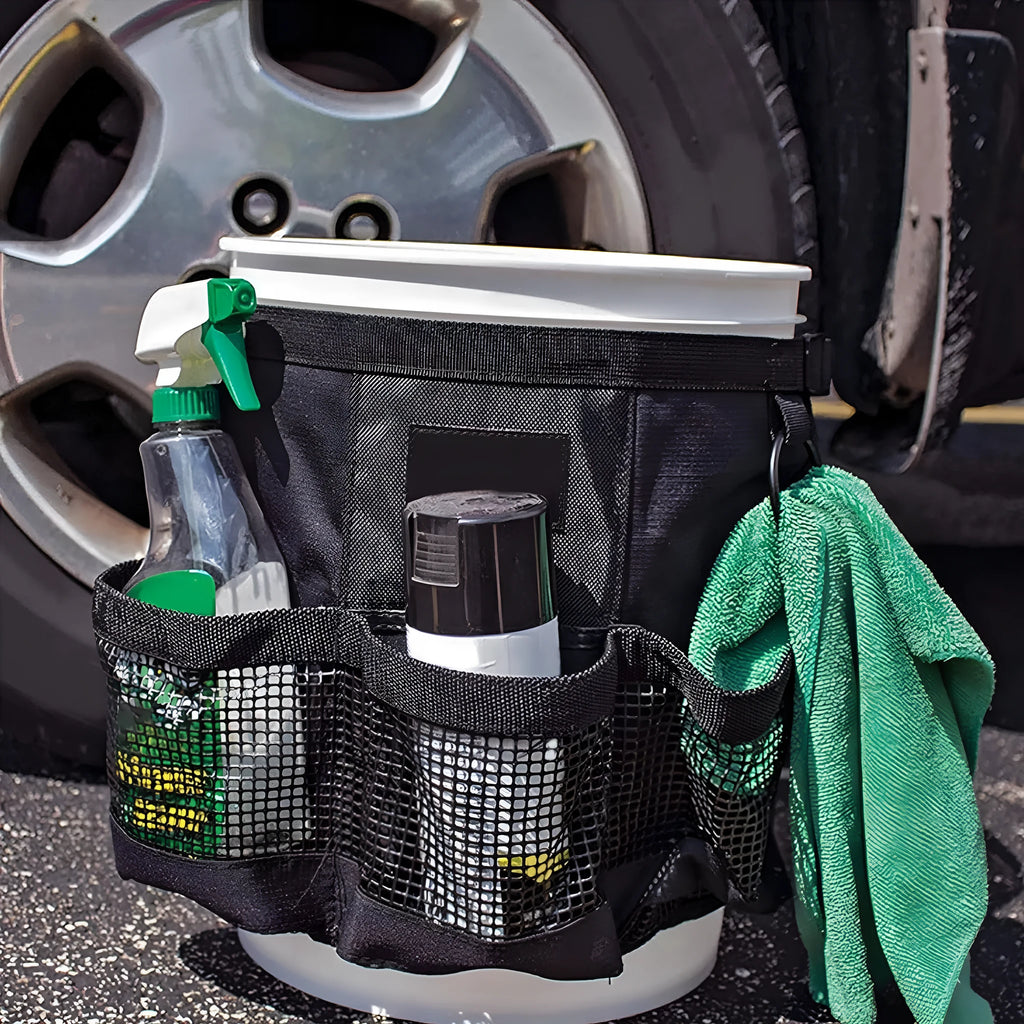Black cylindrical waterproof polyester storage bag hanging with car washing tools and fishing equipment