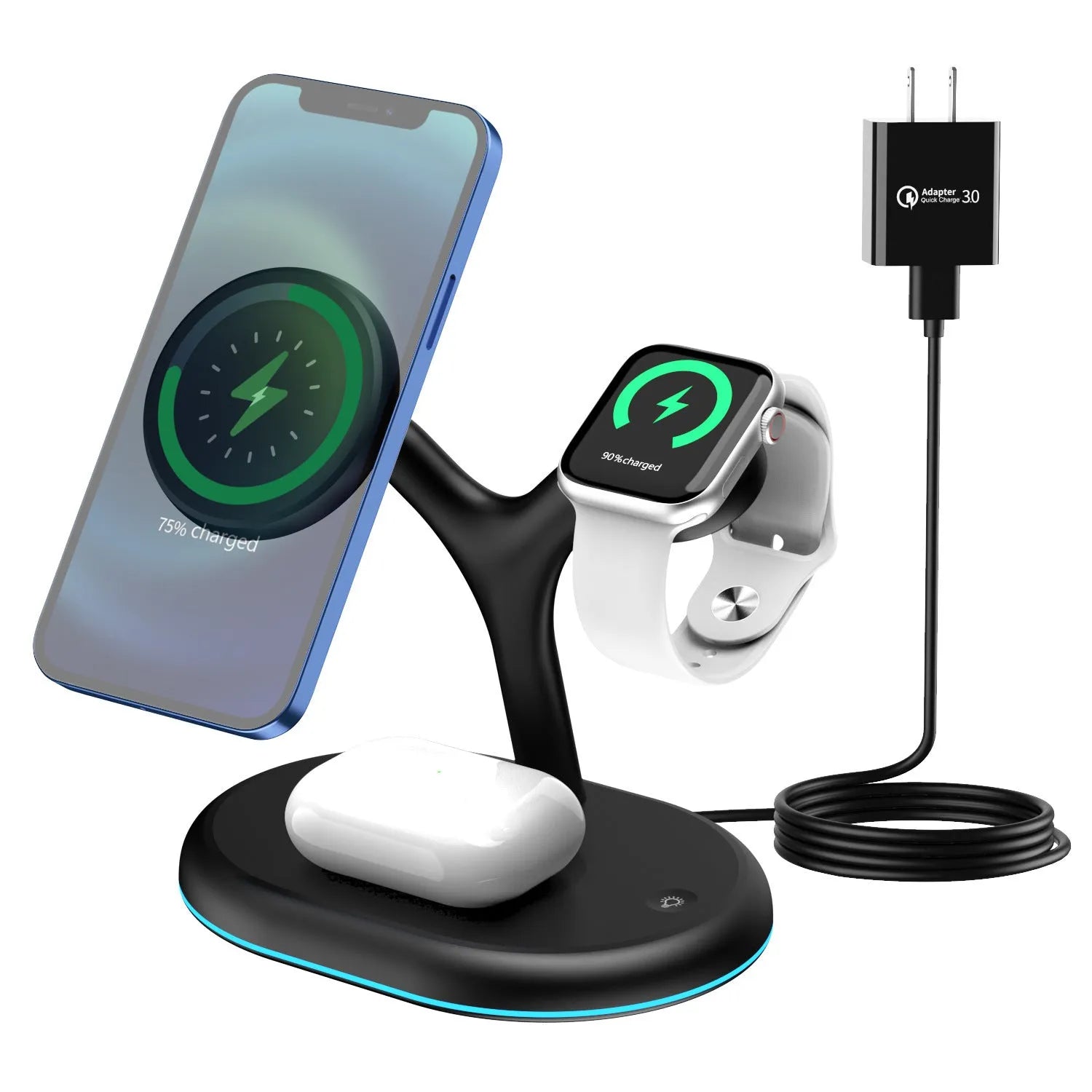 Black magnetic wireless charger with minimalist design on flat surface
