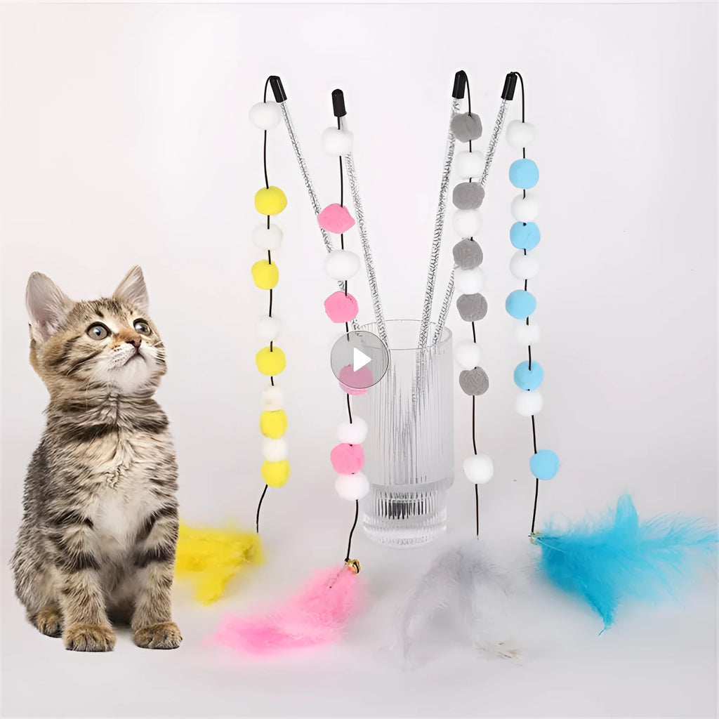 31cm long cat teaser rod with colourful pompon feathers and bell attachment