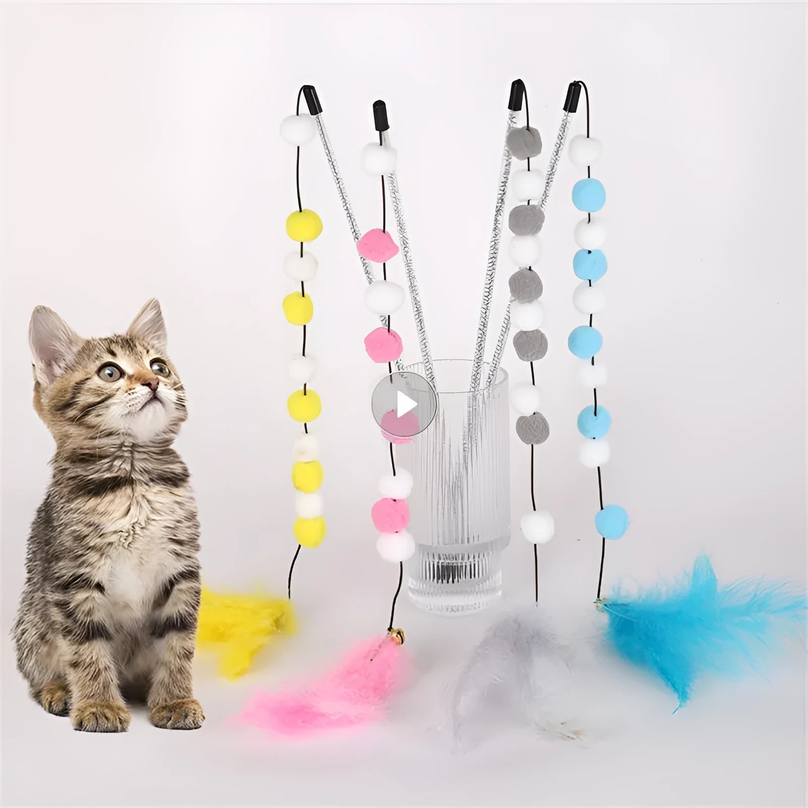 31cm long cat teaser rod with colourful pompon feathers and bell attachment