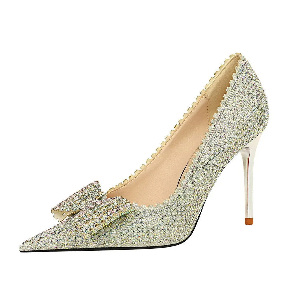 Women's princess wedding shoes with rhinestones and sequins, pointed toe stiletto heels in silver