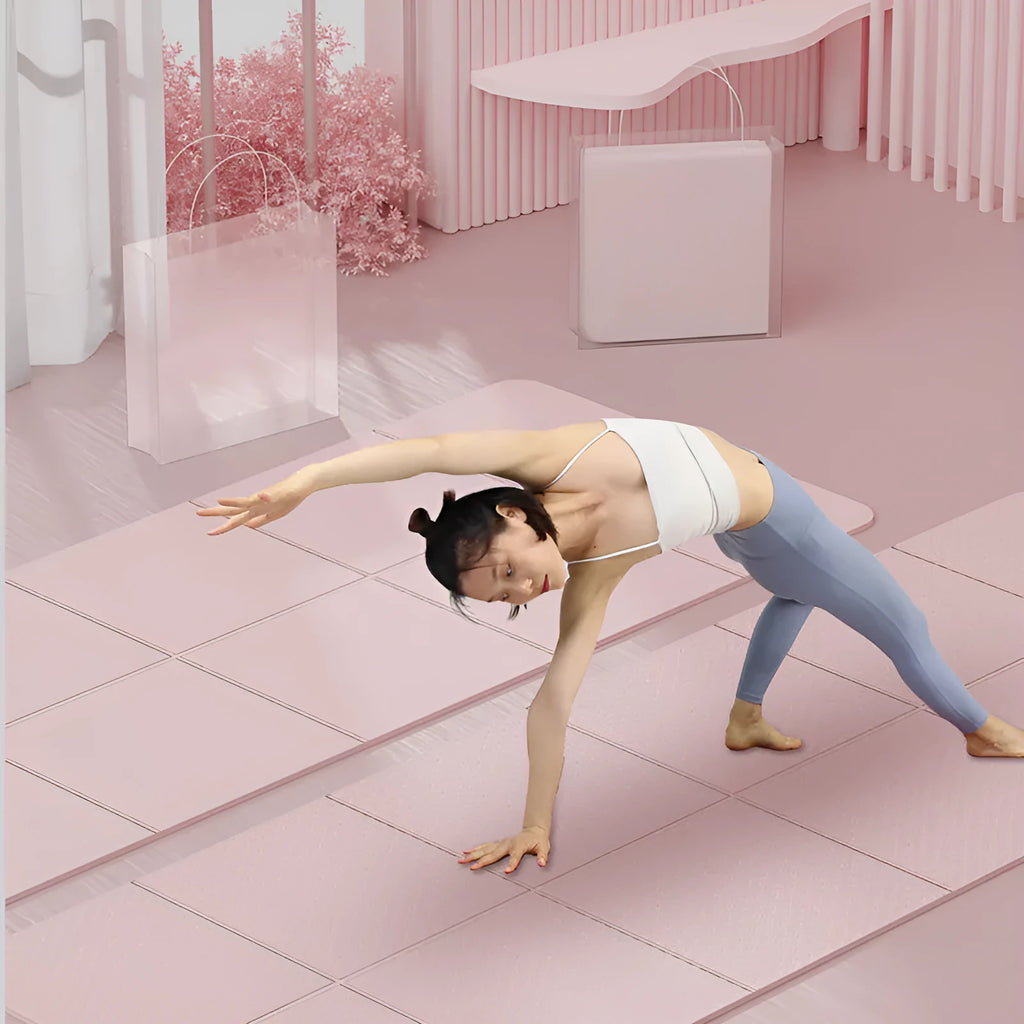Purple folding gymnastic mat showing its six-fold design, non-slip TPE surface, and full 183cm length.