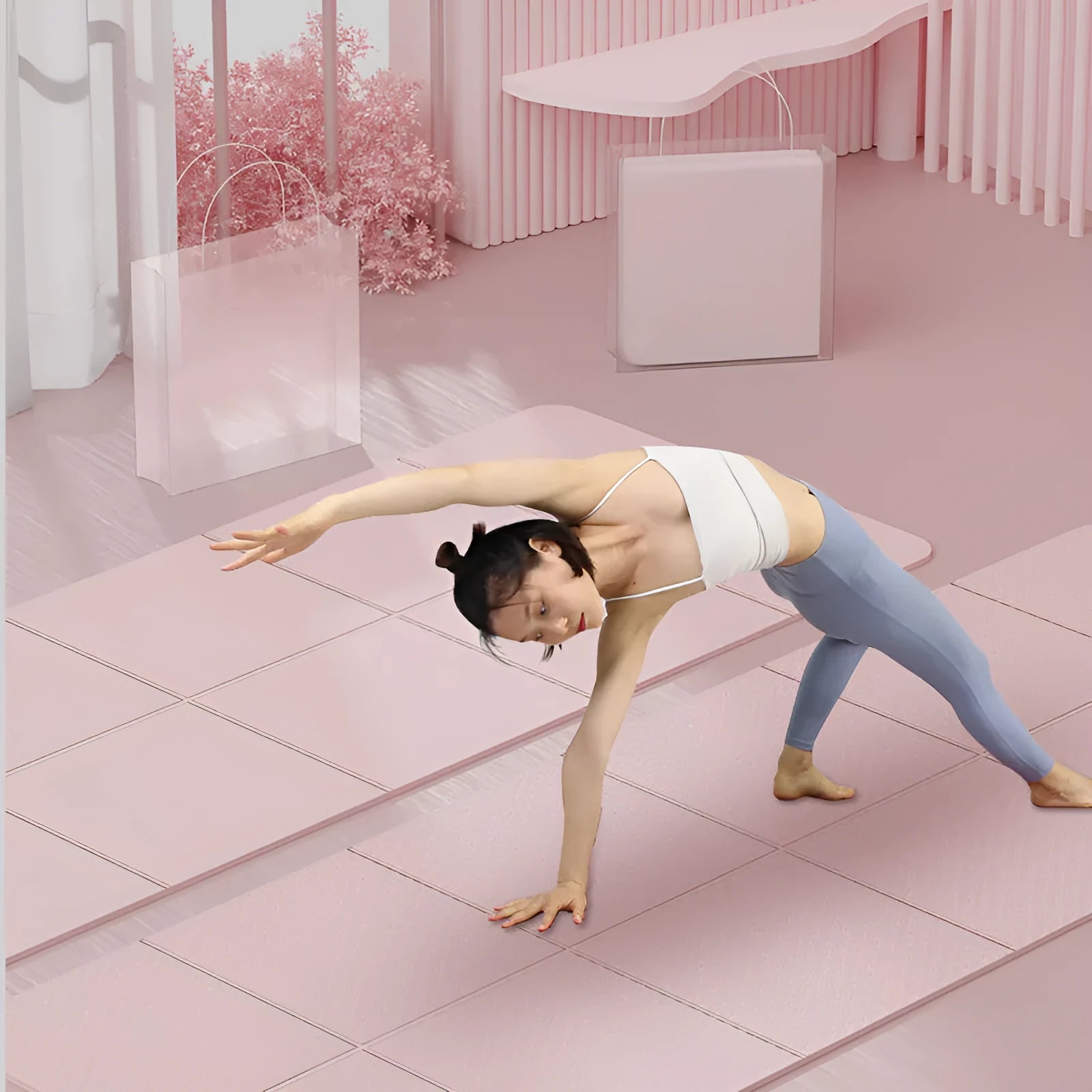 Purple folding gymnastic mat showing its six-fold design, non-slip TPE surface, and full 183cm length.