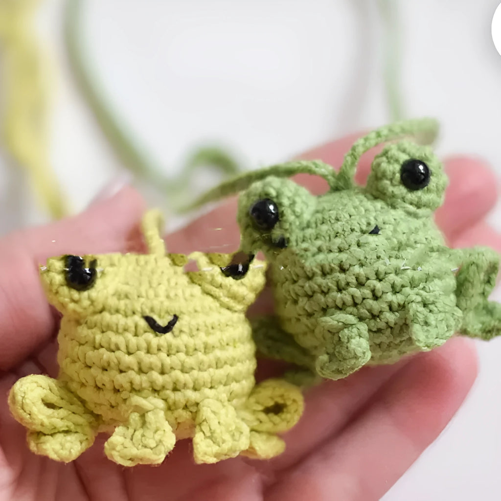 Handmade woven frog car pendant in plush fabric with green, orange and grass green colour options