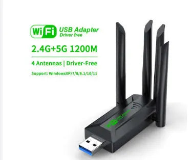 Black USB network transmitter with four antennas for computer signal coverage