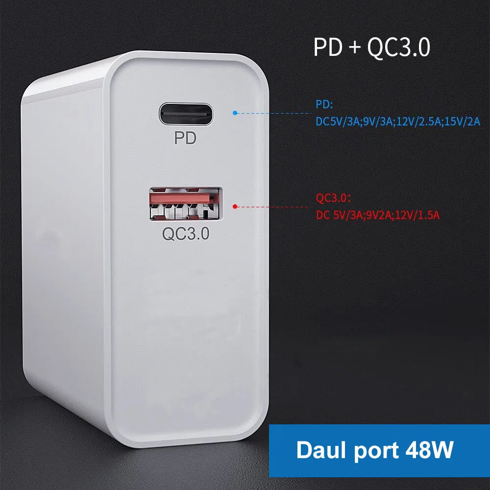 White multi-port USB fast wall charger with PD and QC support on a table.
