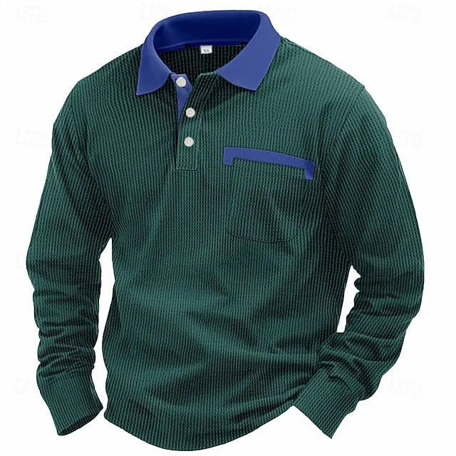 Men's long-sleeved waffle knit polo shirt in a solid colour with a loose, retro fit.