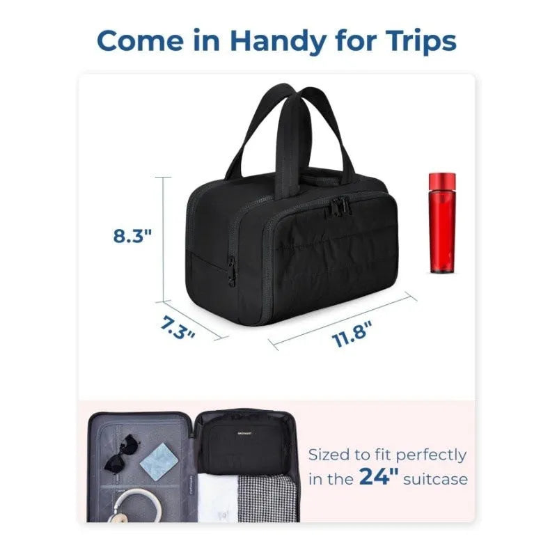 Large beige travel toiletry bag with wide open top, shown next to cosmetic bottles.