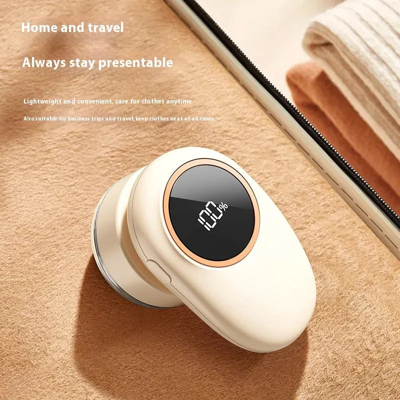 Fur ball trimmer with digital display in beige or purple colours showing cutter head options