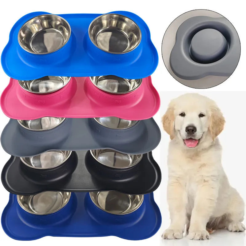 Large double dog bowl silicone feeding mat with stainless steel bowls in blue colour