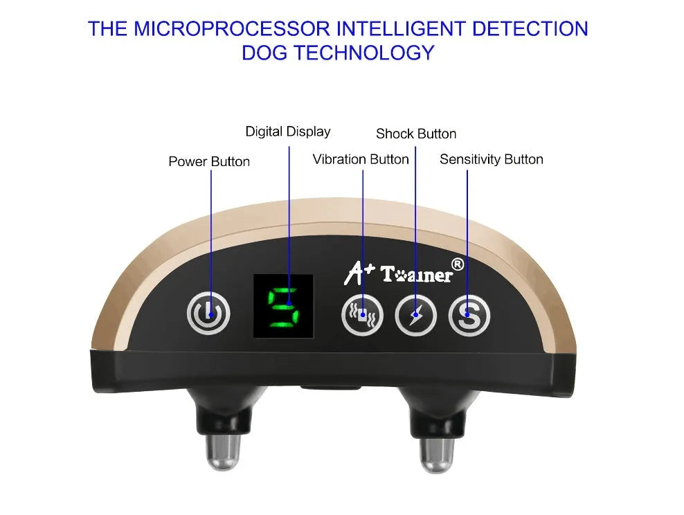 Digital anti-bark dog training collar with LCD display showing correction levels on adjustable reflective strap