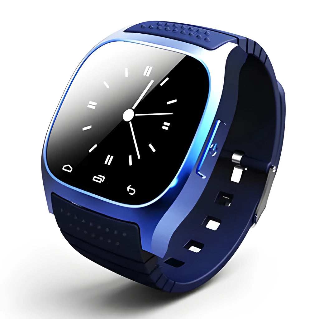 Smart Bluetooth sports watch in black, white, or blue, showing smartphone compatibility and features like calling and fitness tracking.