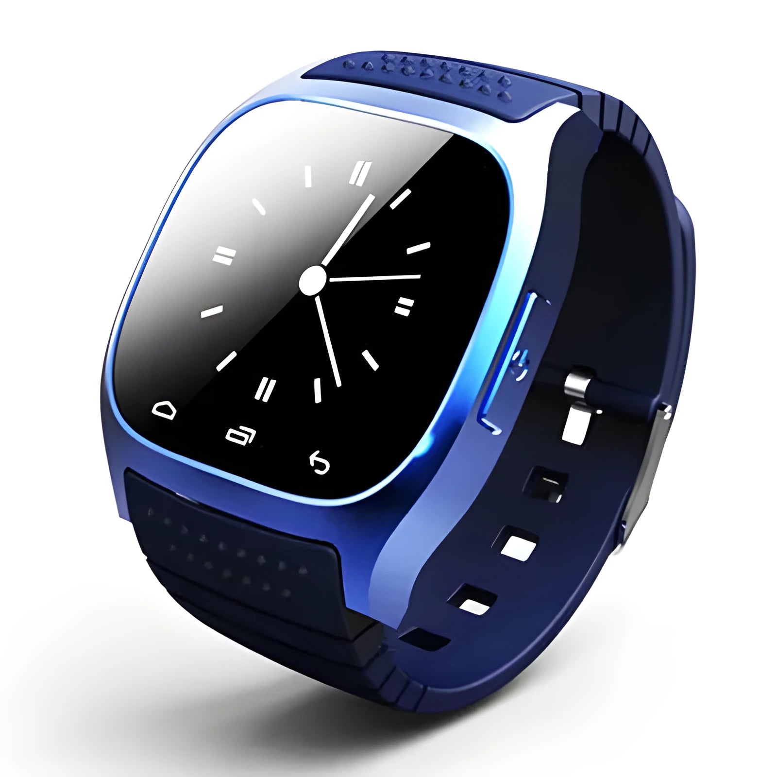 Smart Bluetooth sports watch in black, white, or blue, showing smartphone compatibility and features like calling and fitness tracking.
