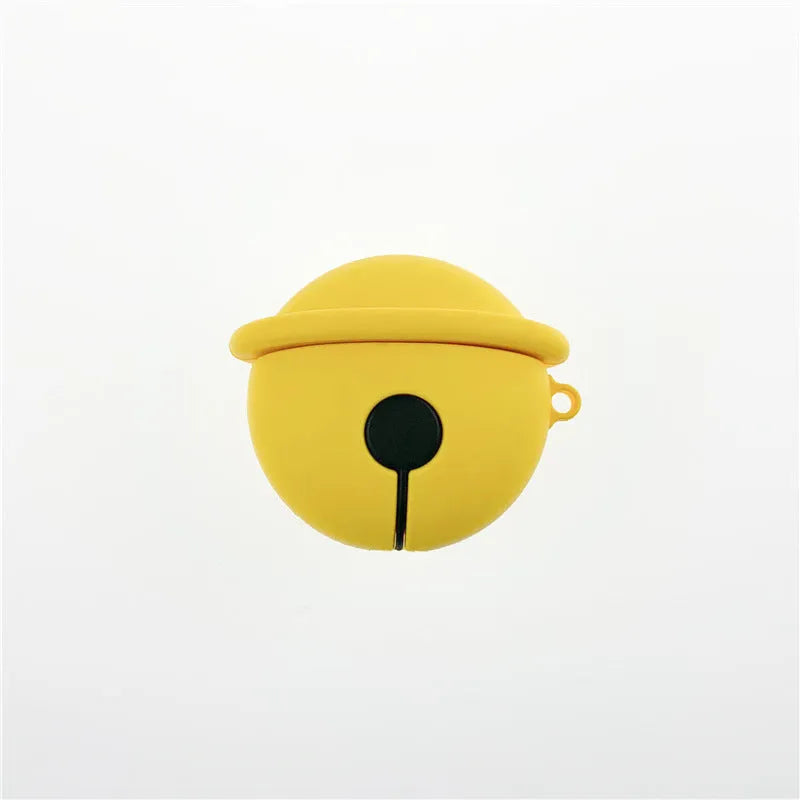 Yellow silicone protective case for AirPods with a small bell charm and a carry strap.
