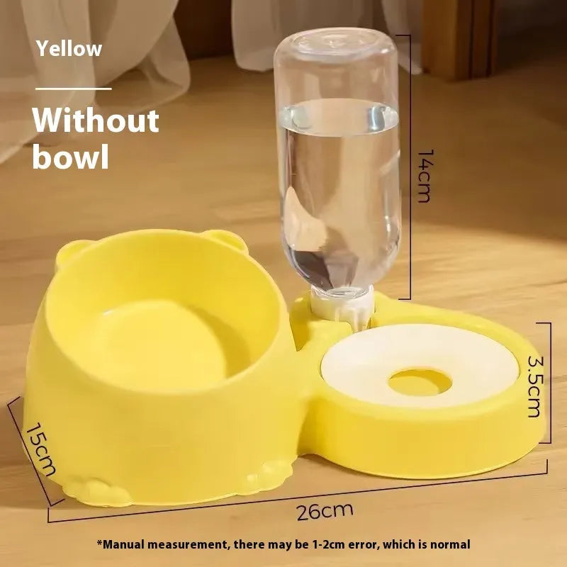 Double bowl automatic pet drinking basin with stainless steel ceramic base and removable plastic bowls